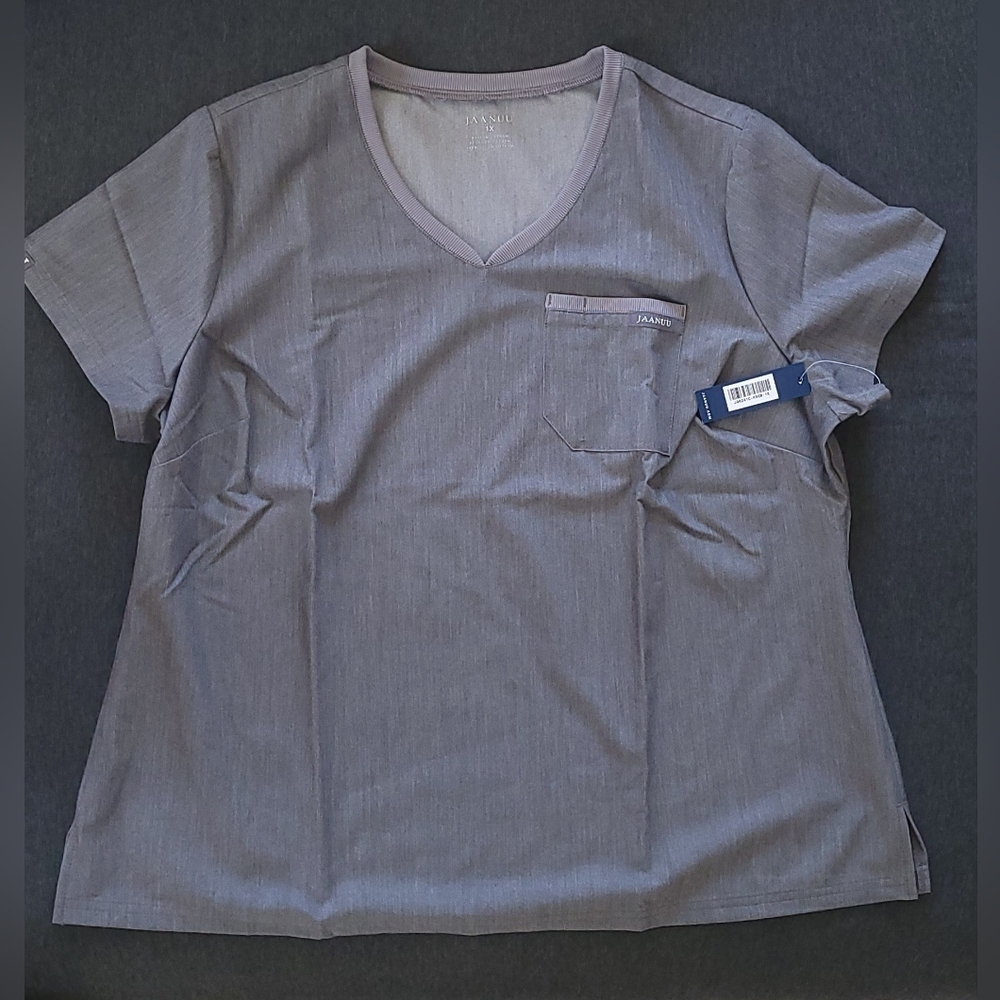 Jaanuu Gray V-Neck Scrub Top w/ Chest Pocket, Women's 1X, NWT